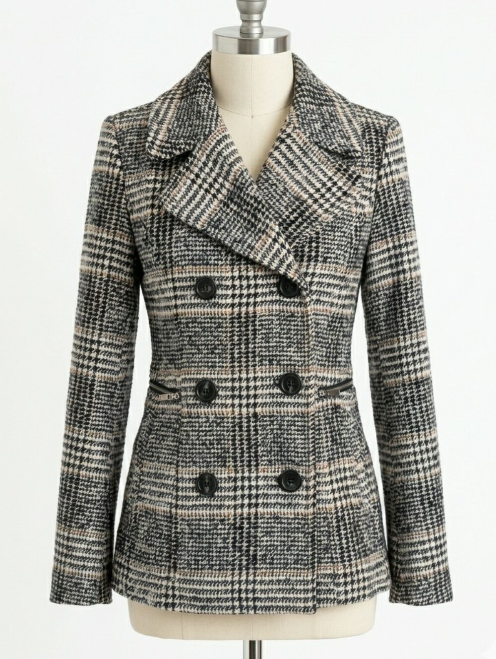 MARALYN & ME Plaid Double Breasted Pea Coat Jacket Black White Cognac Size Small